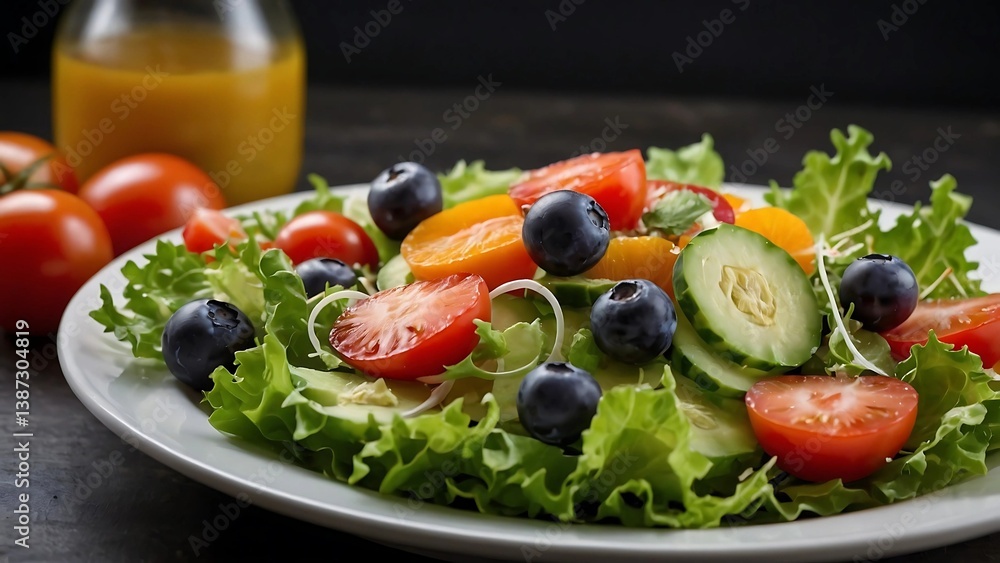 Fresh and Colorful Salad with Lettuce, Cherry Tomatoes, and Cucumber on a White Plate Fresh and Colorful Salad with Lettuce, Cherry Tomatoes, and Cucumber on a White Plate