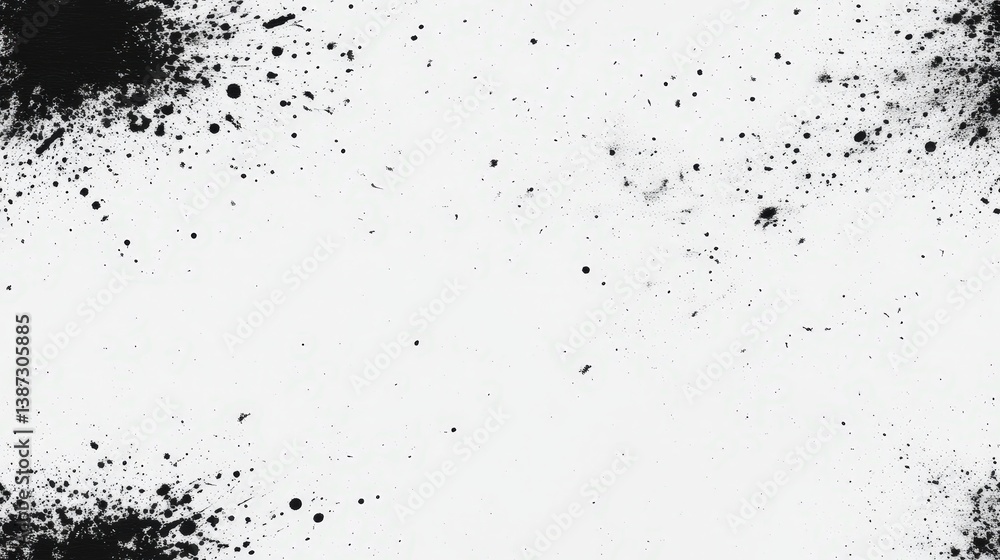 Fototapeta premium Dark ink splatters distribute randomly across a white canvas, forming an abstract visual with contrasting textures and colors, adding depth and interest.