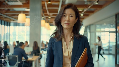 Confident middle-aged Asian businesswoman holding notebook in modern open space office, standing among coworkers, serious expression, professional corporate environment