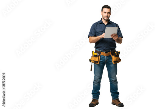 a man holding a tablet(smartphone mockup) in his left like a construction project builder