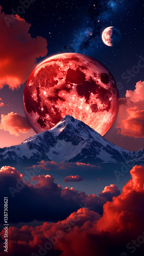 Blood Moon Rising Over Snowy Mountain Peak With Dramatic Red Clouds