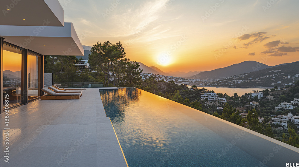 Fototapeta premium Modern villa with infinity pool overlooking sunset and mountains