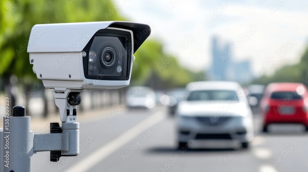 Surveillance Camera Monitoring Traffic on Urban Road with Vehicles in Background Under Blue Sky and Green Trees Surveillance Camera Monitoring Traffic on Urban Road with Vehicles in Background Under Blue Sky and Green Trees