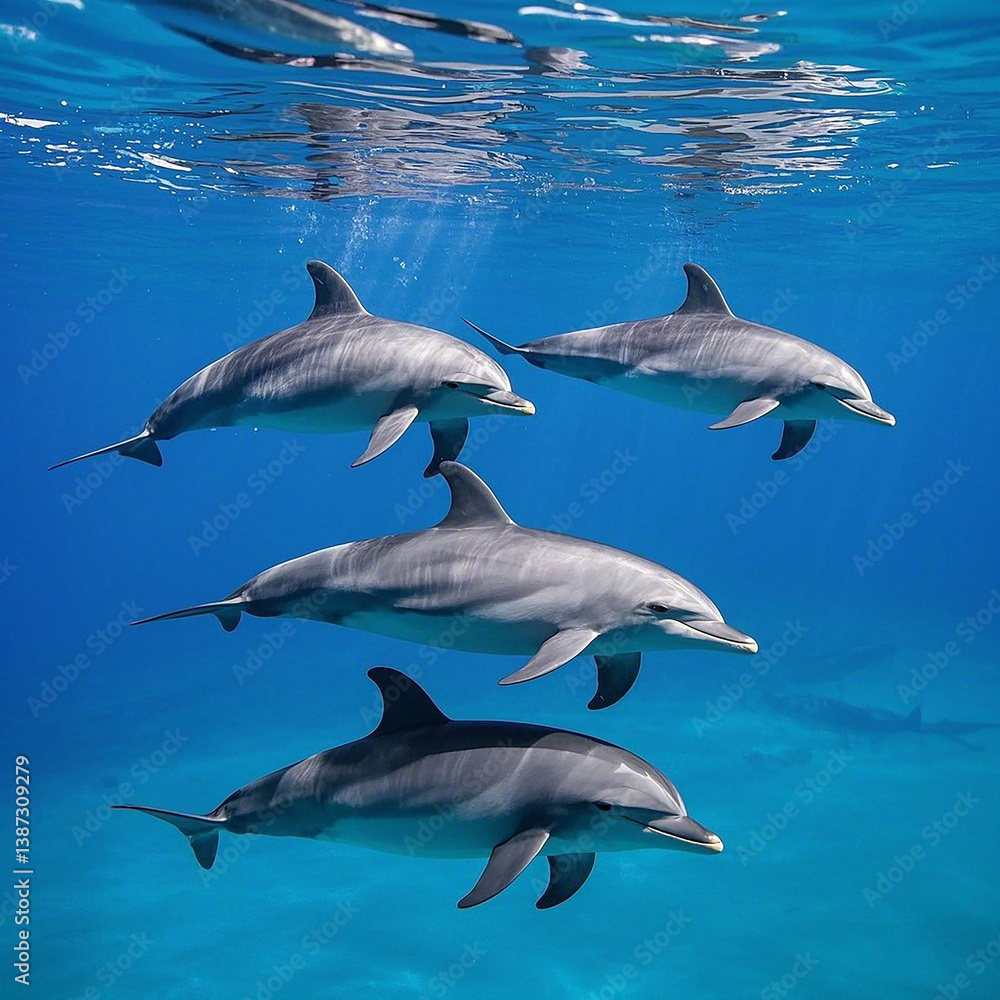 Obraz premium Group of dolphins swimming underwater.