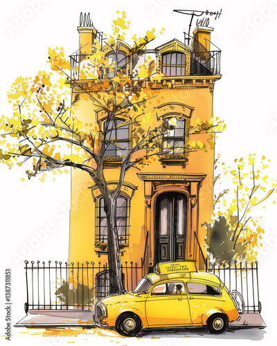 Illustration of a yellow taxi in front of a yellow townhouse.