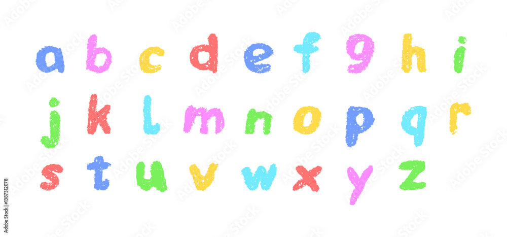 Colorful English alphabet hand-drawn in a crayon. Lowercase color letters in chalk, pastel, or wax style. Highlighter effect on white board for kindergarten drawing and learning. Vector illustration Colorful English alphabet hand-drawn in a crayon. Lowercase color letters in chalk, pastel, or wax style. Highlighter effect on white board for kindergarten drawing and learning. Vector illustration