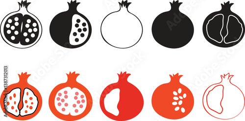sliced pomegranate vector clipart collection. Perfect art for stickers, poster, label, sale, card. Hand drawn illustration for decor and Set of pomegranate fruits. Isolated elements for design 