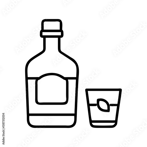 Outline drawing of liquor bottle and glass with leaf garnish for bar menu and cocktail design use