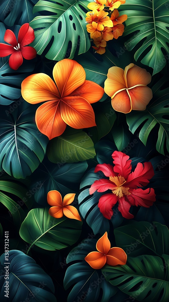 Fototapeta premium Vibrant Tropical Flowers Mobile Wallpaper Orange Yellow Red Blooms with Lush Green Leaves HD Phone Background