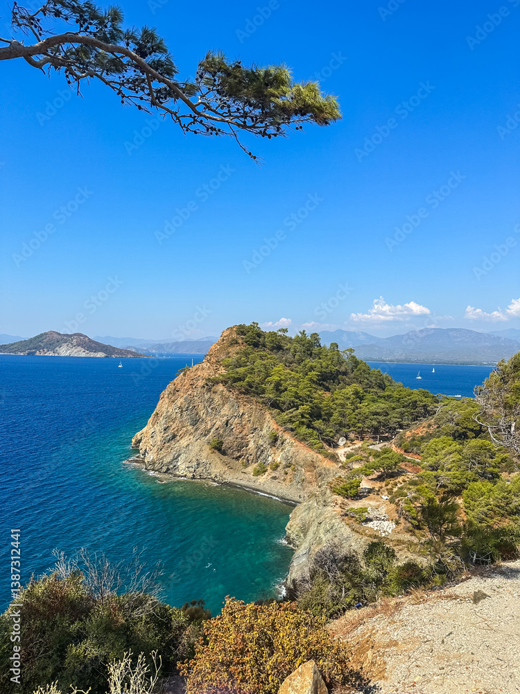 Fototapeta premium coastal landscape, rocky promontory covered in greenery juts into a vibrant blue sea sailboats scatter the water, framed by blue skies