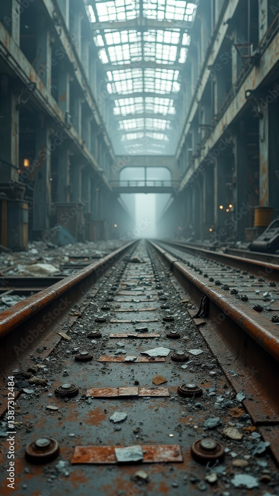 Obraz premium Abandoned industrial railway interior with fog and decay in empty warehouse