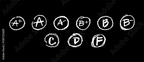 School grades (A to F) drawn with white crayon, chalk or pastel texture on blackboard. Hand-drawn red marks in rough circles, resembling teacher's grading on student assignments. Vector illustration