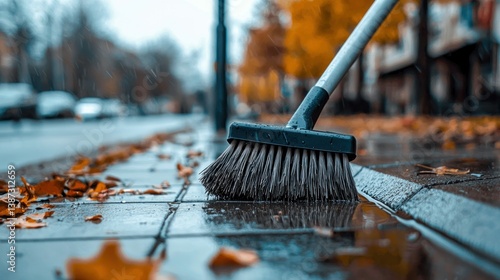 Wallpaper Mural A broom sweeps autumn leaves on a wet sidewalk, with rain creating a reflective surface. Torontodigital.ca