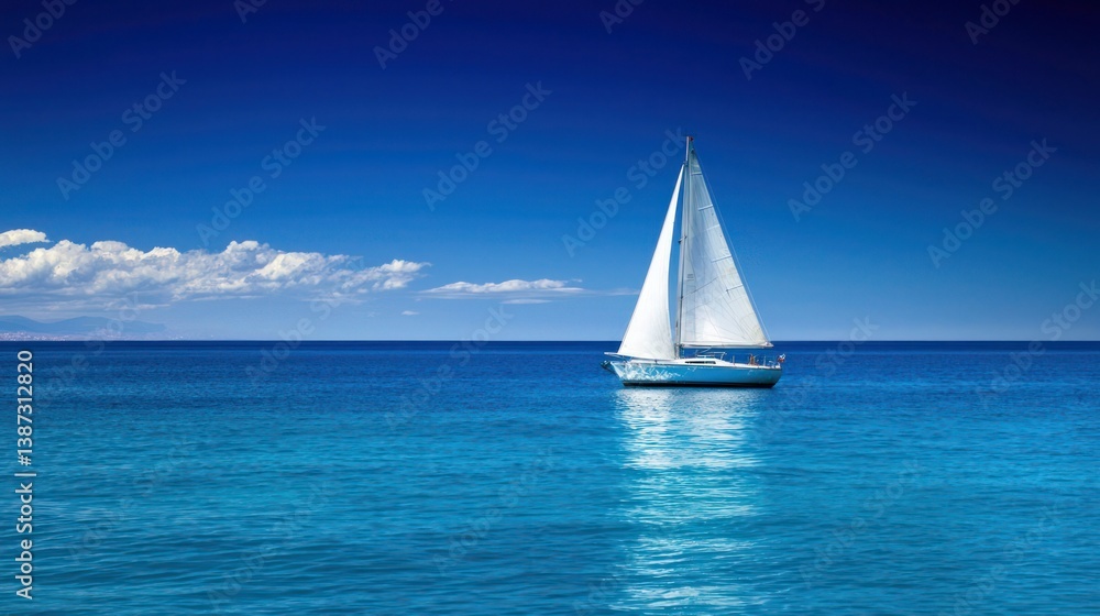 Obraz premium A white sailboat gliding across a deep blue ocean.