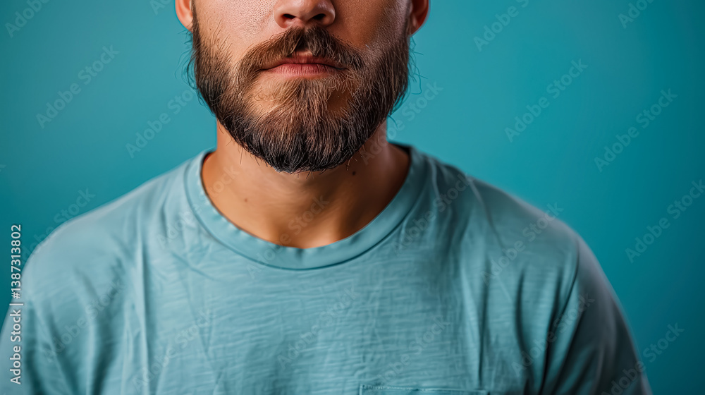 Fototapeta premium Man with a beard and mustache is wearing a blue shirt
