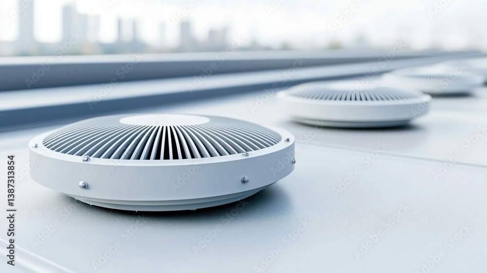 Modern ventilation units are installed on a building's rooftop, with a cityscape in the background. Modern ventilation units are installed on a building's rooftop, with a cityscape in the background.