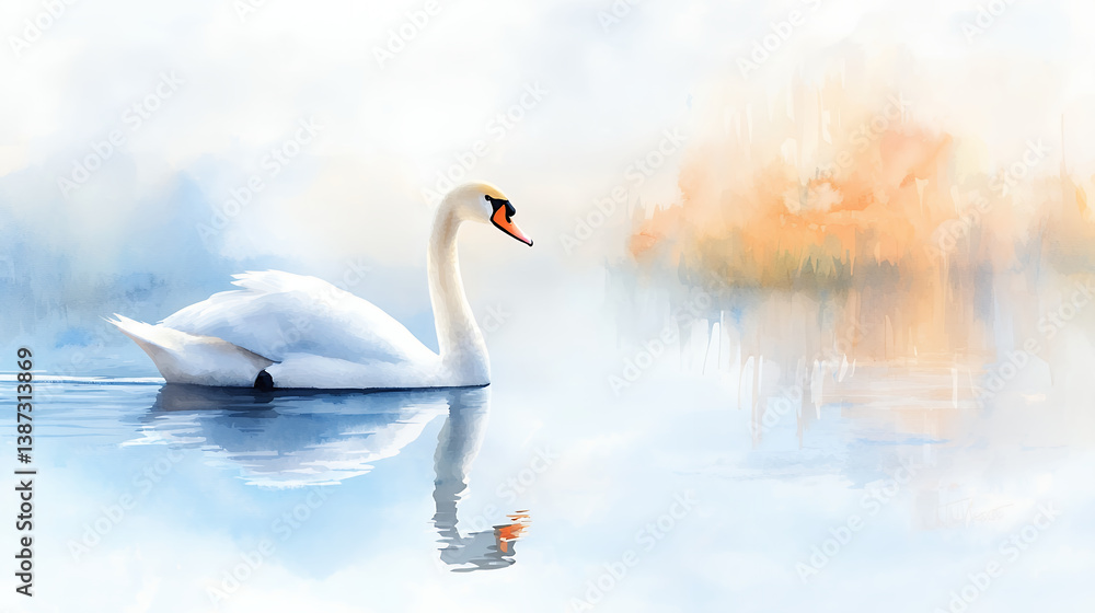 Fototapeta premium serene white swan glides gracefully across calm lake, reflecting its beauty in tranquil water, surrounded by soft hues of orange and blue