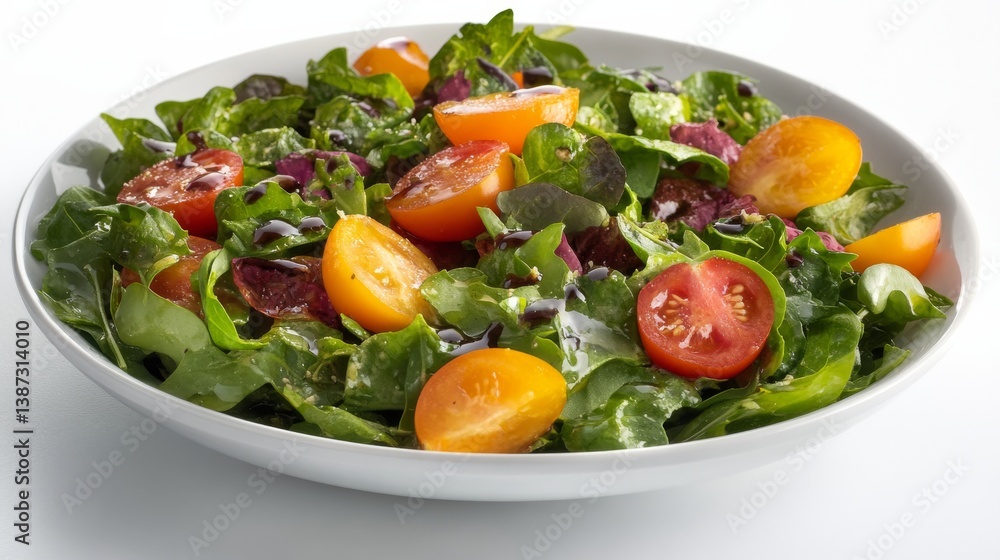 A fresh salad with mixed greens, tomatoes, and balsamic vinaigrette. Featuring freshness and balance