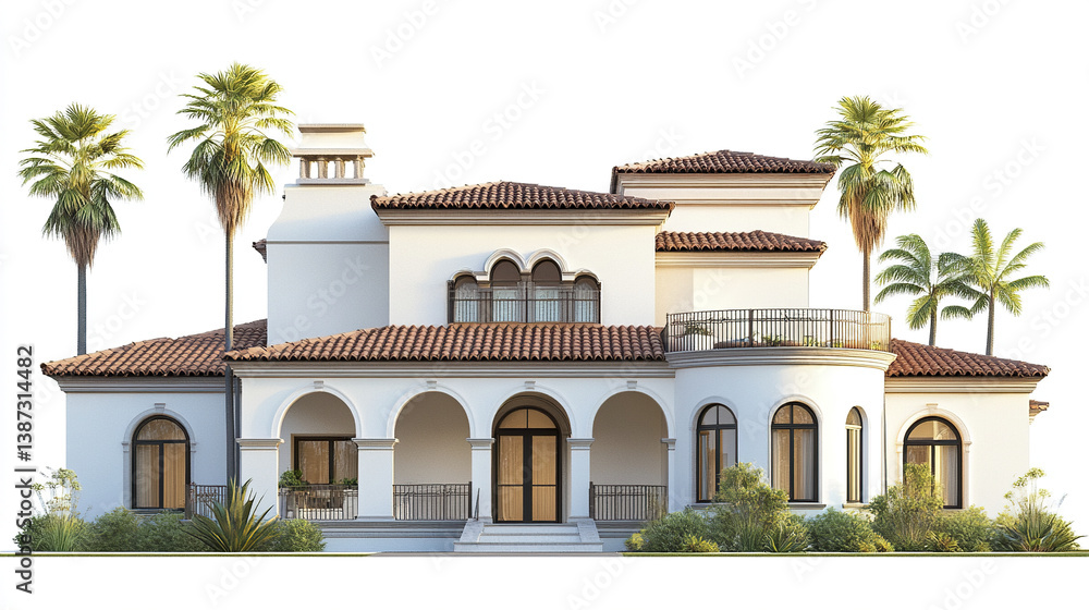 Fototapeta premium Luxurious Mediterranean style villa with arched windows and palm trees
