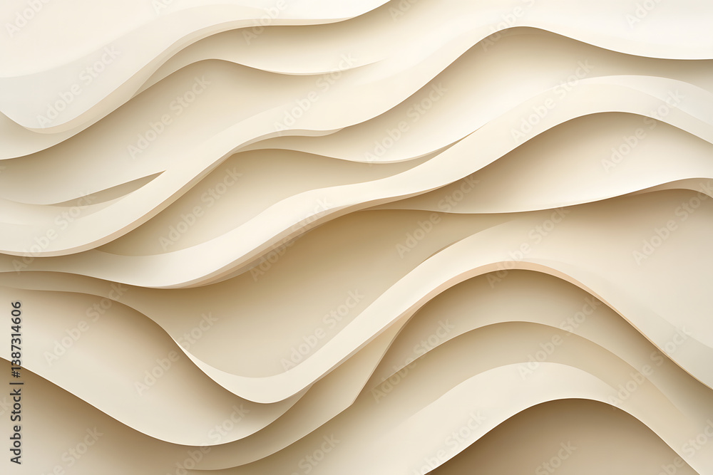 Obraz premium Abstract 3D paper-style wave layers in beige and cream tones, modern flowing background design 