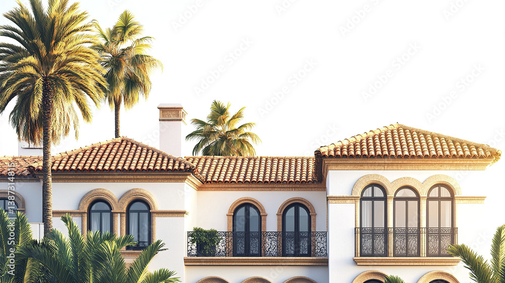 Fototapeta premium Luxurious Mediterranean style villa with palm trees and elegant arches