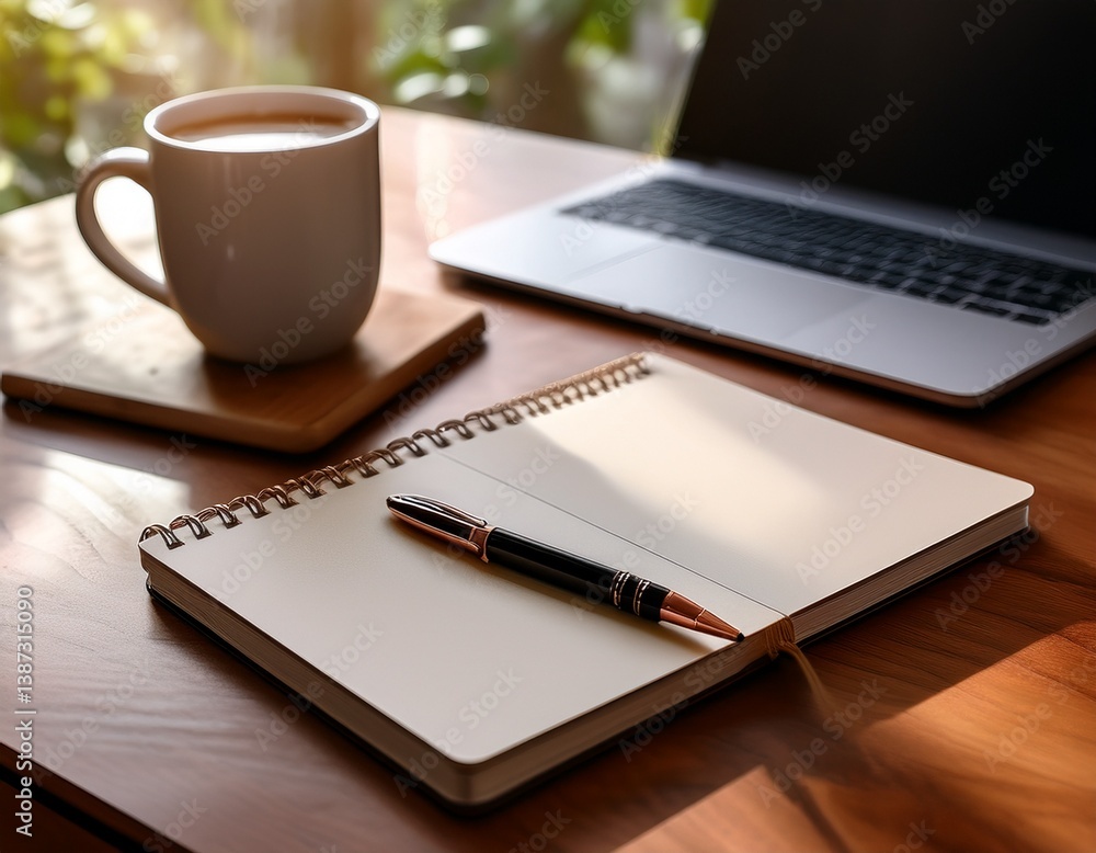 Blank Notebook Mock-Up with Coffee and Laptop Blank Notebook Mock-Up with Coffee and Laptop