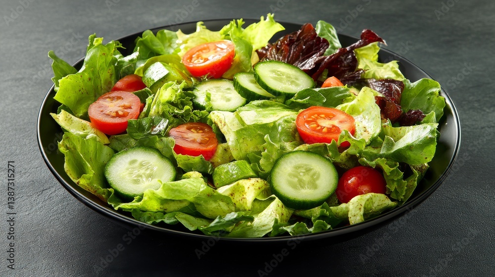 A fresh salad with mixed greens, tomatoes, cucumbers, and avocado slices. Featuring health and freshness A fresh salad with mixed greens, tomatoes, cucumbers, and avocado slices. Featuring health and freshness