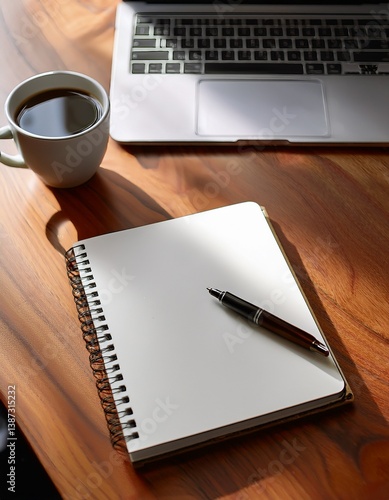 Blank Notebook Mock-Up with Coffee and Laptop