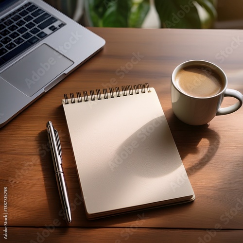 Blank Notebook Mock-Up with Coffee and Laptop