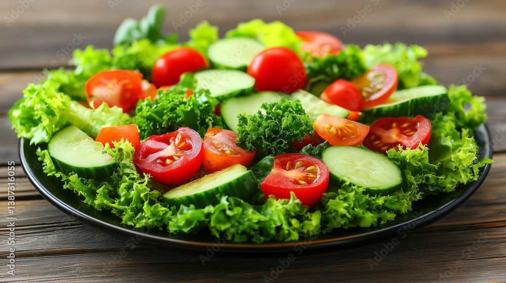 A fresh salad with mixed greens, tomatoes, cucumbers, and avocado slices. Featuring health and freshness A fresh salad with mixed greens, tomatoes, cucumbers, and avocado slices. Featuring health and freshness