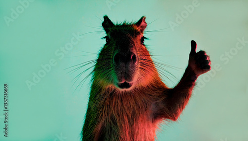 Portrait of cute happy capybara showing thumbs up for great job on green background.