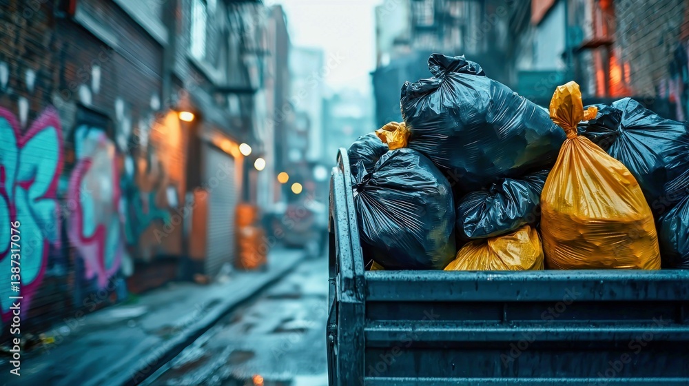 Overflowing garbage bags in a city alley, presenting an urban waste disposal scene on a rainy day. Overflowing garbage bags in a city alley, presenting an urban waste disposal scene on a rainy day.