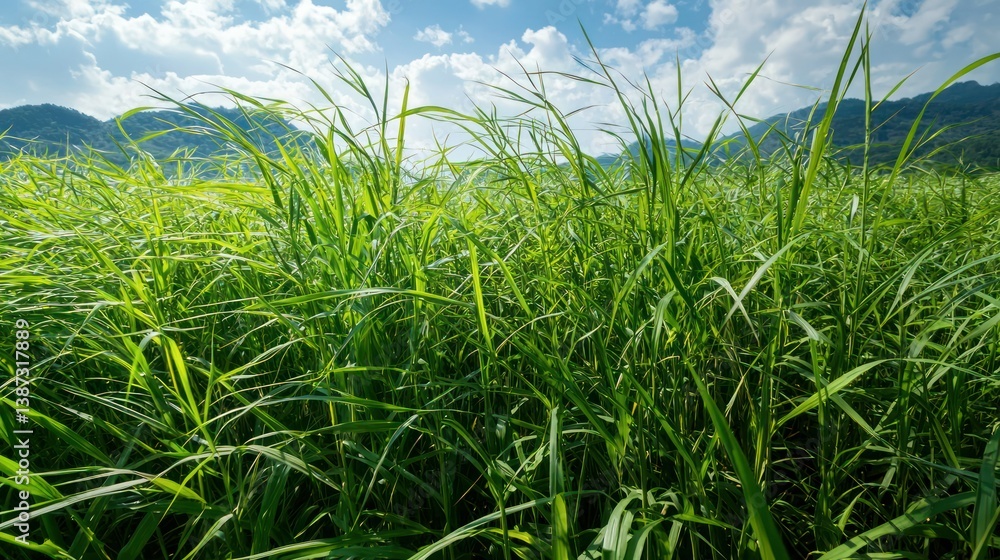 Obraz premium Low perspective shot of tall grass swaying in the wind.