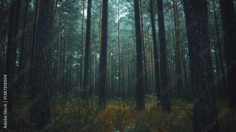 Low-angle shot of towering trees in a dense forest. Low-angle shot of towering trees in a dense forest.