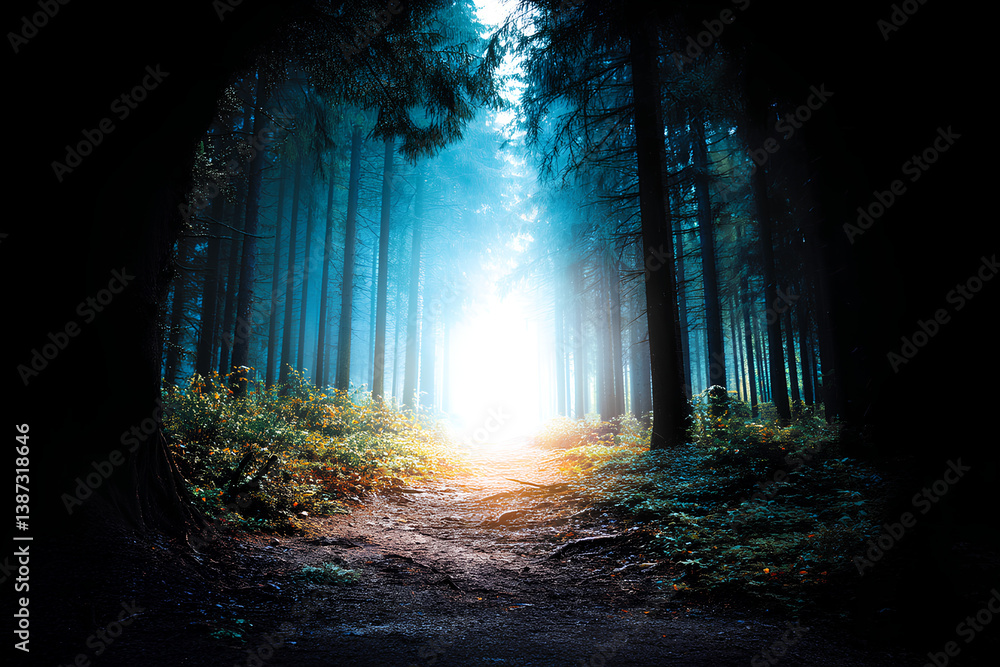Fototapeta premium Dark to light gradient path winding through forest symbolizing emotional healing journey from trauma toward peace and inner wellbeing
