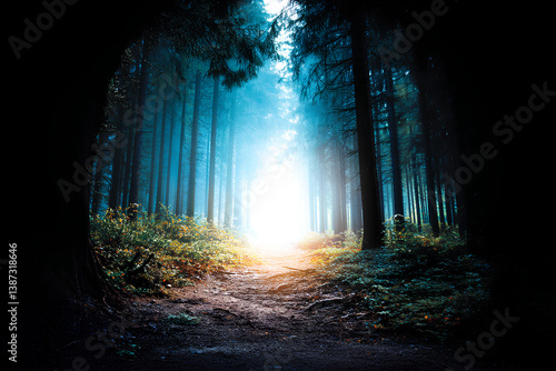 Dark to light gradient path winding through forest symbolizing emotional healing journey from trauma toward peace and inner wellbeing  
