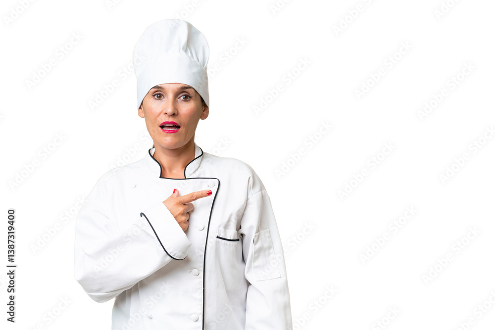 Middle-aged chef woman over isolated background surprised and pointing side Middle-aged chef woman over isolated background surprised and pointing side