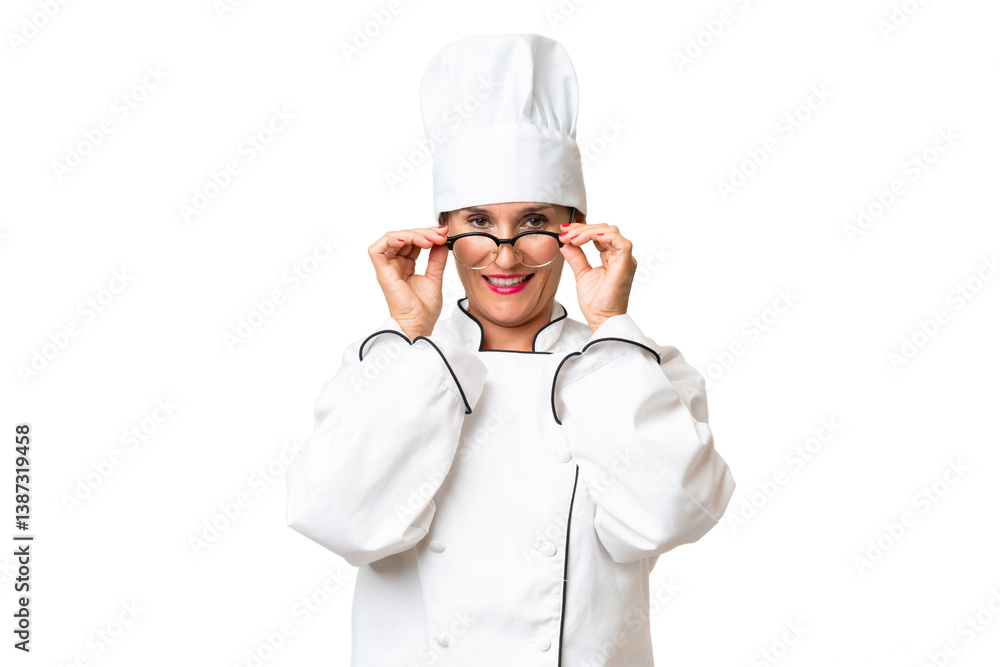 Middle-aged chef woman over isolated background with glasses and surprised Middle-aged chef woman over isolated background with glasses and surprised