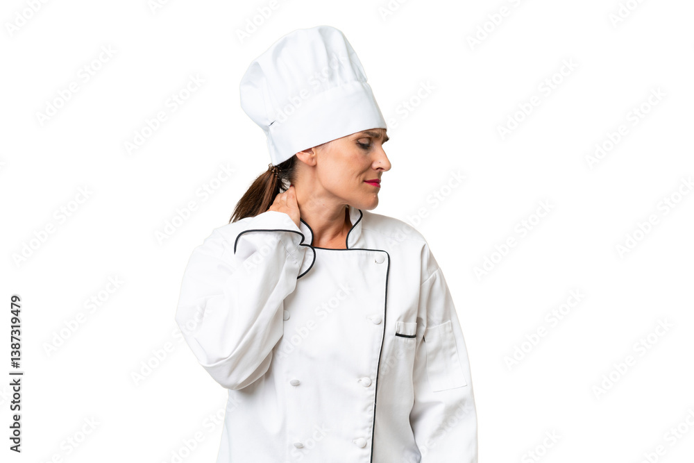 Middle-aged chef woman over isolated background with neckache Middle-aged chef woman over isolated background with neckache