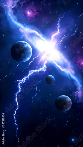 Cosmic Energy Burst With Blue Lightning And Multiple Planets In Dramatic Space Scene