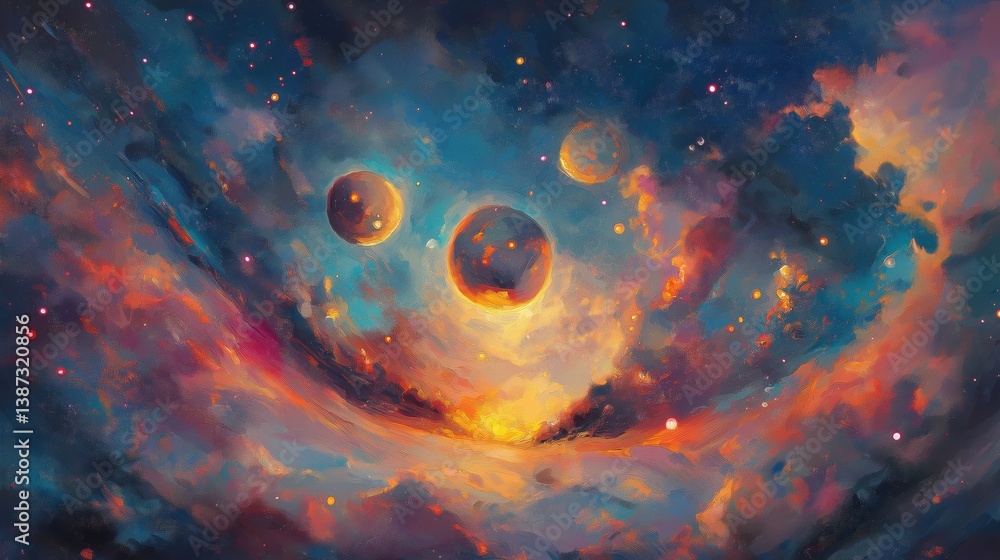 Colorful nebula oil painting with glowing planets and cosmic light swirl Colorful nebula oil painting with glowing planets and cosmic light swirl