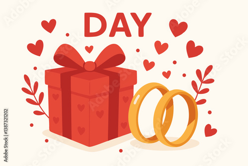 Romantic Valentine's Day Vector Illustration with Red Gift Box, Golden Wedding Rings and Hearts - Love Celebration Design for Cards, Invitations, Social Media Posts and Wedding Anniversary Graphics