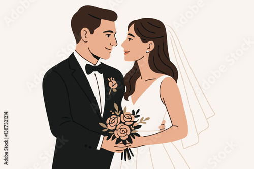 Elegant Minimalist Wedding Couple Illustration with Bride and Groom in Romantic Embrace, Peach Rose Bouquet, Modern Line Art Style for Wedding Invitations, Bridal Shower, Anniversary Cards
