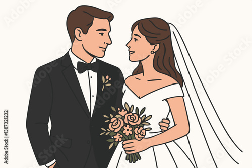 Elegant Minimalist Wedding Couple Vector Illustration with Bride in Off-Shoulder Dress and Groom in Classic Tuxedo, Romantic Newlyweds Gazing at Each Other, Bridal Bouquet with Peach Roses