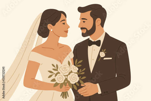 Elegant Minimalist Wedding Couple Vector Illustration with White Roses Bouquet, Bride in Off-Shoulder Dress and Groom in Classic Tuxedo, Perfect for Wedding Invitations and Romantic Designs
