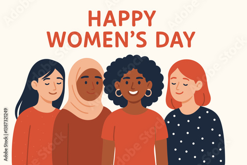 Happy International Women's Day Celebration Vector Illustration with Diverse Female Characters in Modern Flat Style, Multicultural Unity and Empowerment Graphic for Social Media and Greeting Cards
