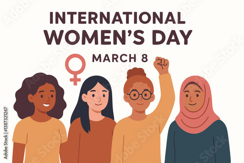 International Women's Day Celebration Vector Illustration with Diverse Female Characters, Feminist Symbol and March 8 Date, Multicultural Unity and Empowerment Graphic for Gender Equality Movement
