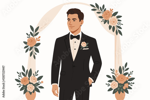 Elegant Groom in Classic Black Tuxedo: Sophisticated Wedding Vector Illustration with Floral Arch, Romantic Roses, and Greenery for Invitations, Stationery, and Bridal Design Elements