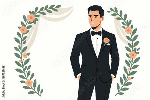 Elegant Groom in Black Tuxedo with Floral Arch, Wedding Illustration, Modern Minimalist Groom Portrait, Sophisticated Formal Attire, Romantic Marriage Celebration Vector Design