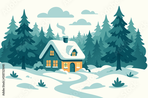 Cozy Winter Cottage in Snowy Forest Landscape with Pine Trees, Warm Glowing Windows and Smoke from Chimney, Peaceful Snow-Covered Path, Serene Holiday Scene in Teal and Orange Color Palette